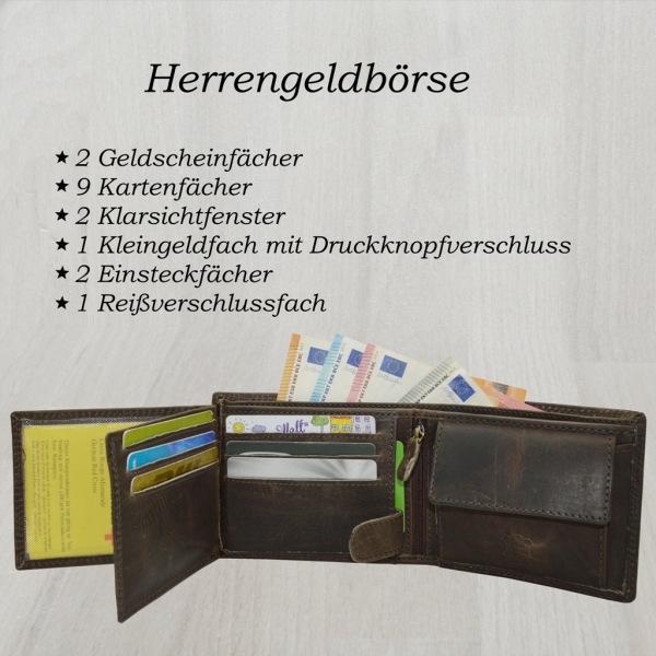 flevado Adler Gelbörse Herren Portemonnaie Büffelleder Bikerbörse mit RFID Schutz Braun